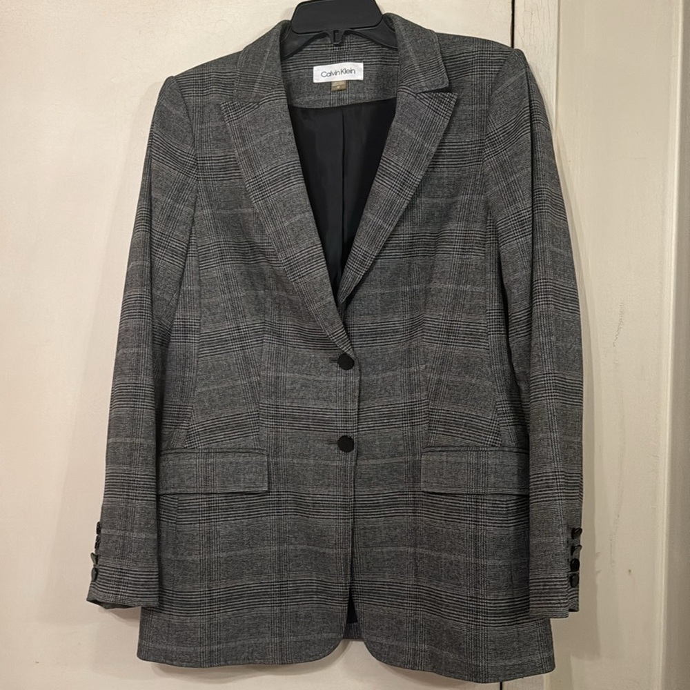 CALVIN KLEIN grey plaid ladies classic two button blazer -Sz.12 like new